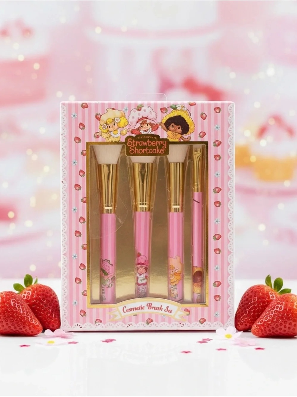 Strawberry Shortcake Cosmetic Brush Set 4PC Pink Gold Makeup Brushes New